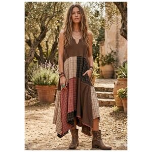 Sleeveless Patchwork Midi Dress in Brown with Plaid Panels